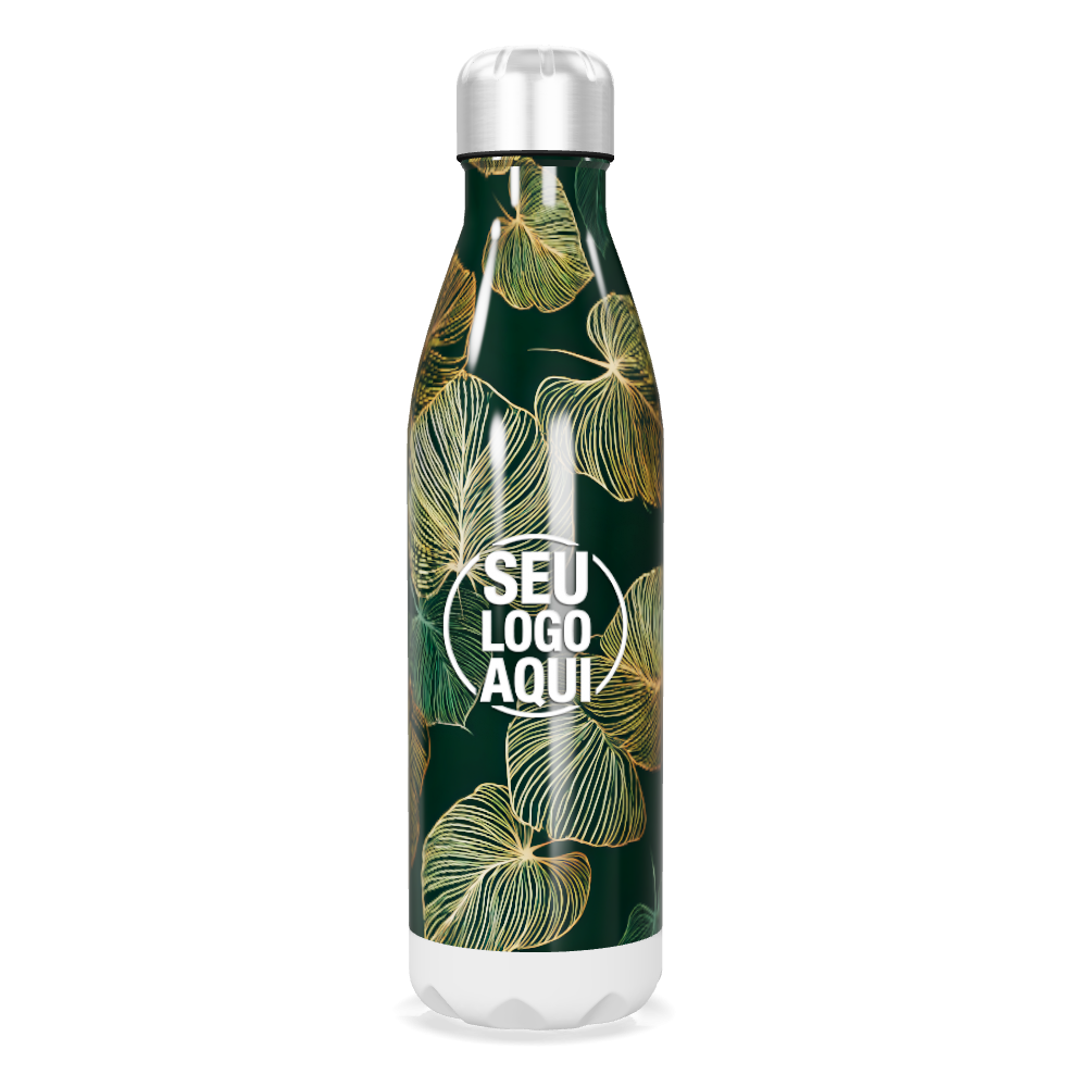 GARRAFA INOX   FOLHAS VERDE E DOURADO