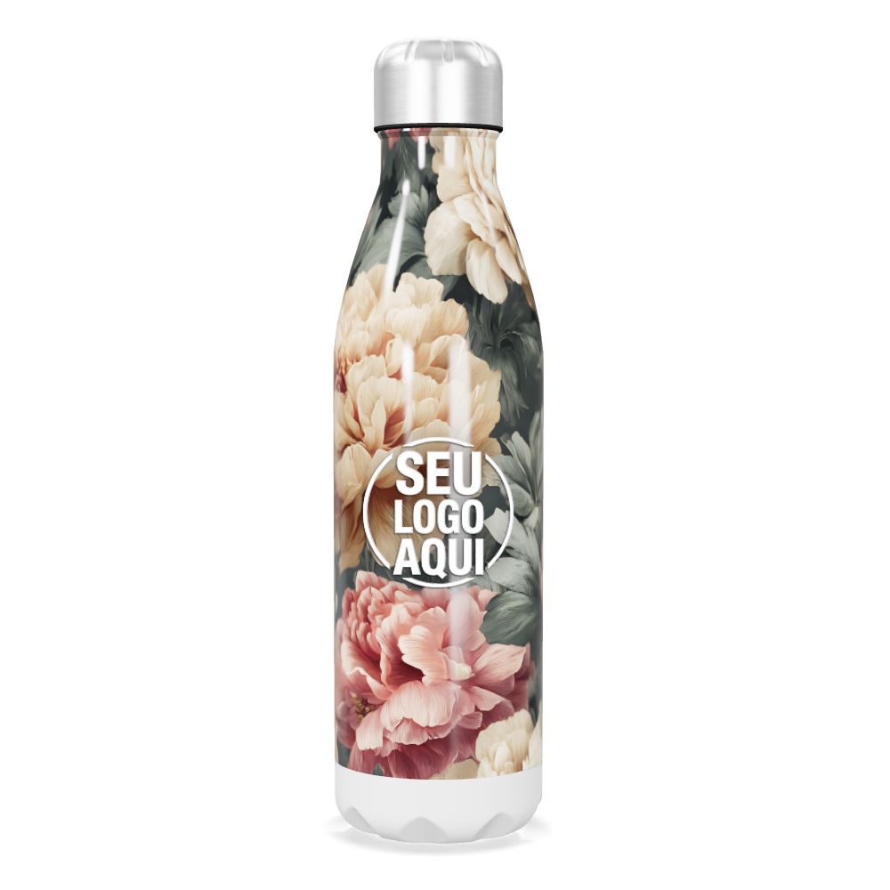 GARRAFA INOX FLORAL COM TAMPA PRATA