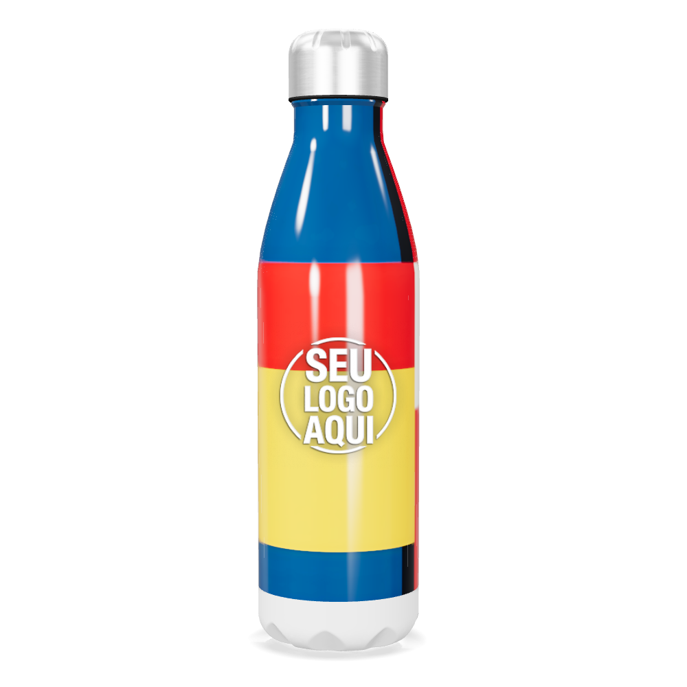 GARRAFA INOX   LISTRAS AZUL VERMELHO AMARELO