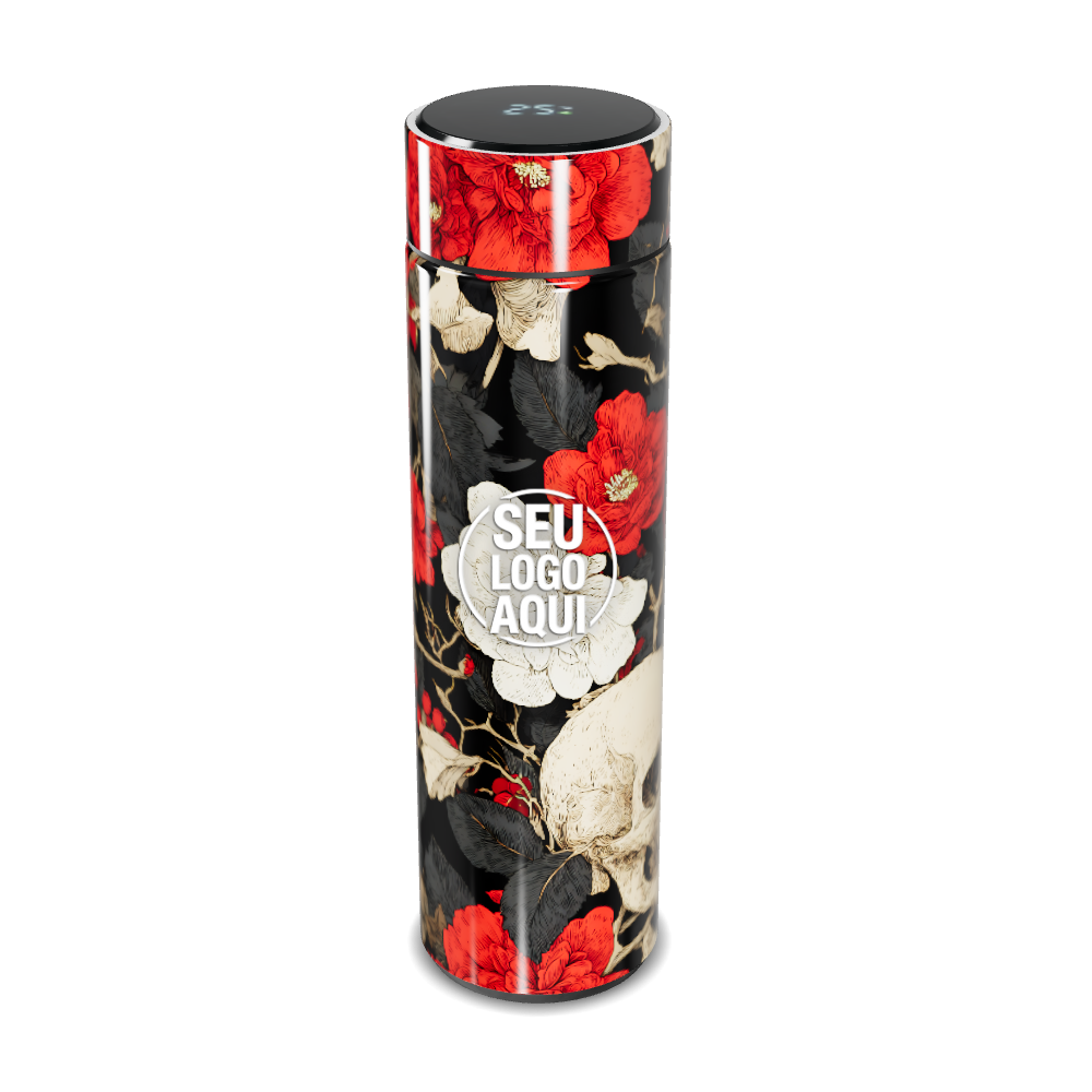 GARRAFA TÉRMICA TOUCH   FLORAL PRETO E VERMELHO