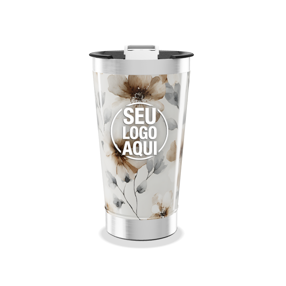 COPO TÉRMICO FLORAL BEGE AÇO INOX