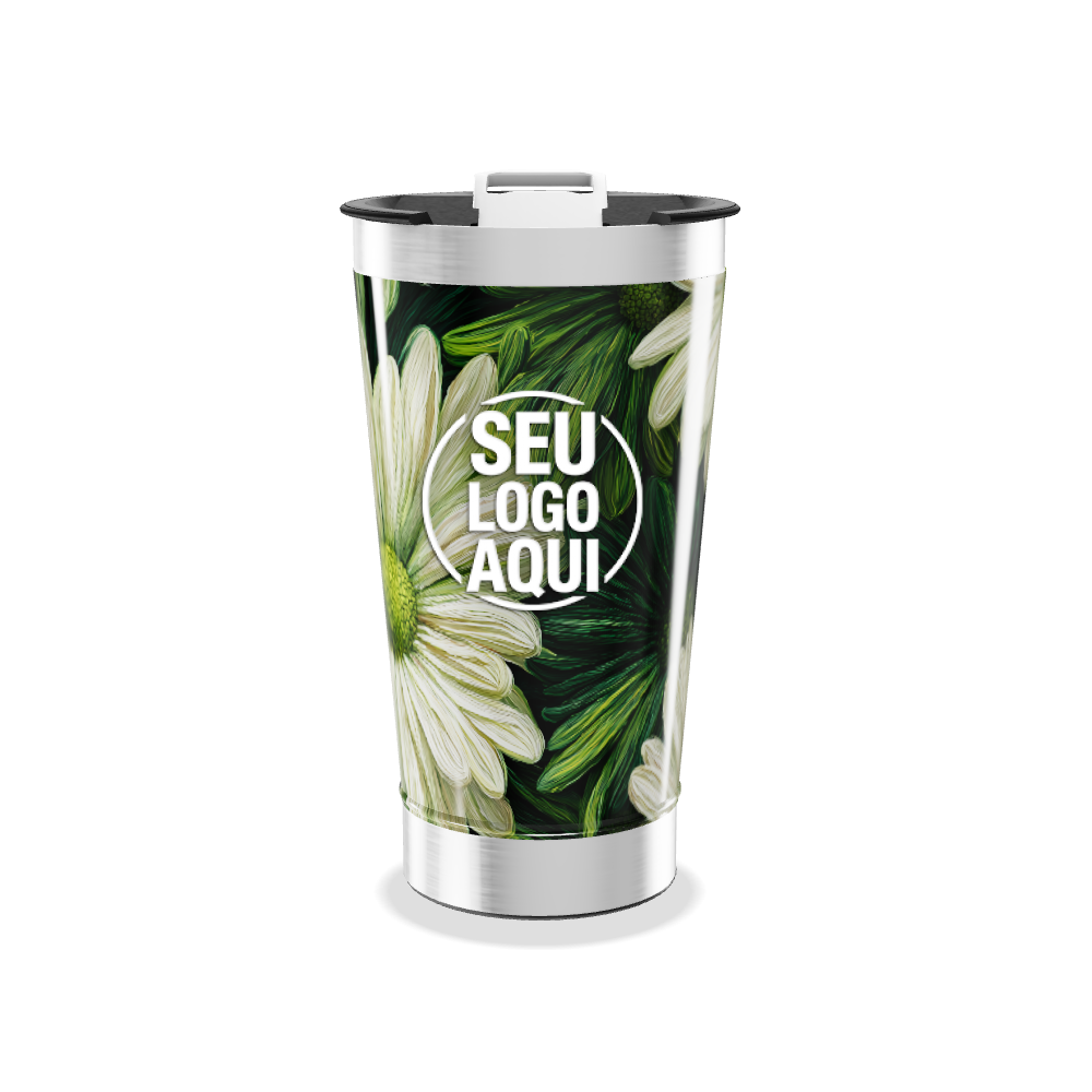COPO TÉRMICO   FLORES VERDE E BRANCO