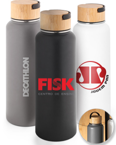GARRAFA TÉRMICA EM AÇO INOX E BAMBU